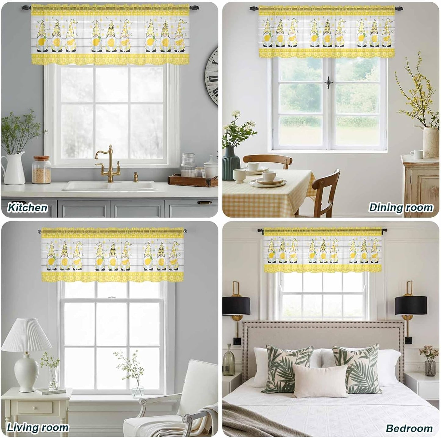 Sheer Window Valance Lemon and Gnomes Semi Voile Short Curtain Rod Pocket Yellow Check Plaid Wood Grain Valances Window Treatment for Bedroom Living Room Kitchen 54x18in
