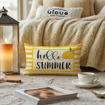 ULOVE LOVE YOURSELF Hello Summer Decorative Pillow Cover Yellow Lemon Design Cushion Cover 12"×20" Farmhouse Summer Holiday Lumbar Pillowcase Seasonal Decorations for Sofa Couch Porch(Yellow)