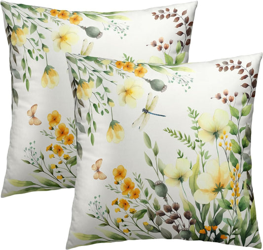 Spring Sage Green Leaf and Flowers Pillowcase Set of 2 Yellow Floral Decor Throw Pillows 16x16 Inch Spring/Summer Eucalyptus Square Pillow Cushion Covers for Home Living Room Bed Sofa Outdoor Couch
