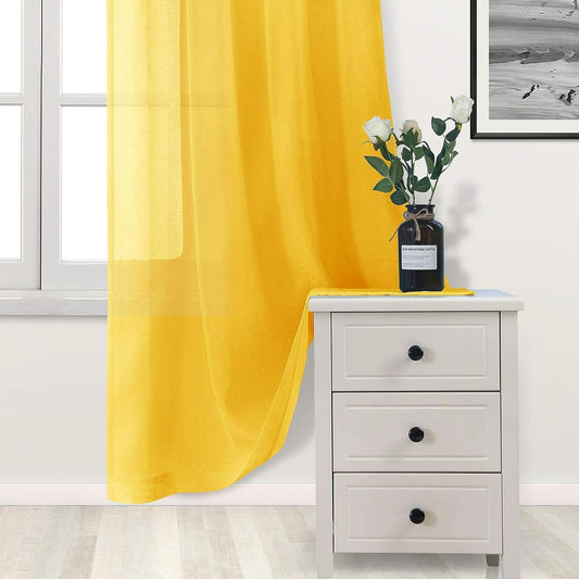 DWCN Yellow Faux Linen Sheer Curtains - Grommet Voile Window Curtain Drapes for Bedroom Living Room 52 x 84 inches Long, Set of 2