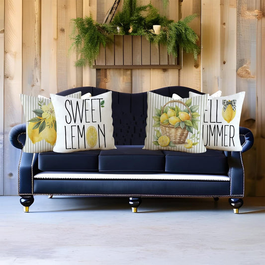 Spring Summer Pillow Covers 18x18 Set of 4 Grey Stripe Sweet Lemon Hello Summer Pillows Decorative Quote Throw Pillows Pillowcase Decorations Farmhouse Decor for Home Decor