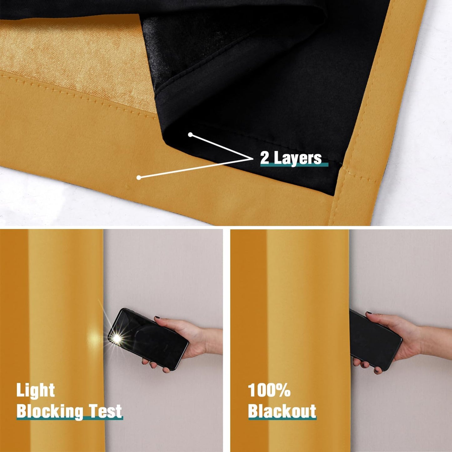 ChrisDowa 100% Blackout Curtains for Bedroom 72 Inches Long 2 Panels Set | 2 Thick Layers Total Light Blocking Thermal Insulated Grommet Window Curtains for Living Room, Mustard Yellow, 52 x 72 Inch