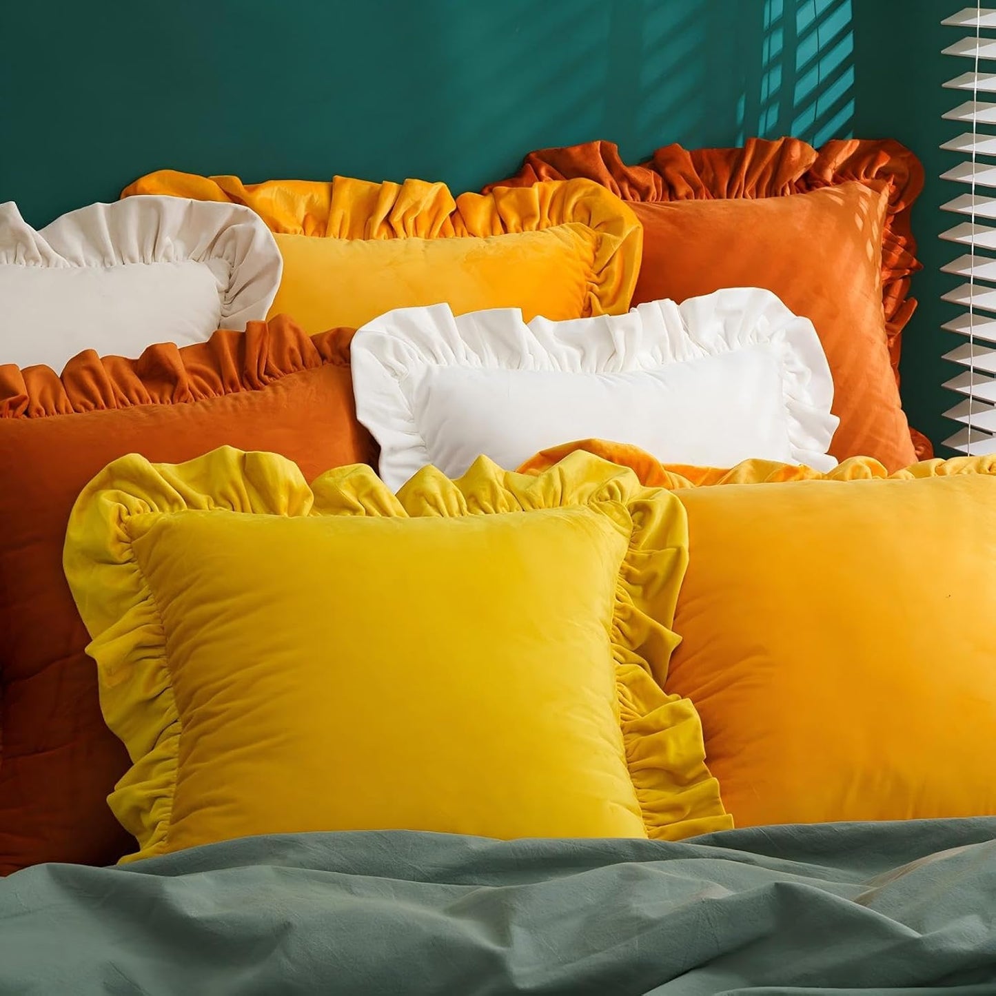 MOJUN Velvet Ruffled Throw Pillow Covers 18x18 Inch Set of 2, Soft Decorative Square Pillowcases with Ruffles Cushion Pillow Covers for Couch Sofa Bed Living Room Farmhouse, Yellow