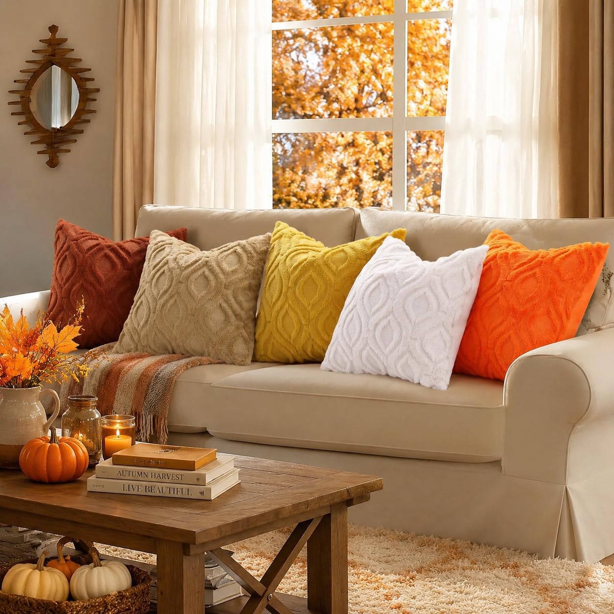 decorUhome Fall Throw Pillow Covers 18x18 Inch Set of 2, Soft Plush Faux Wool Mustard Yellow Solid Couch Pillow Covers, Accent Farmhouse Neutral Square Pillow Cases for Sofa Bed Living Room
