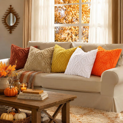 decorUhome Fall Throw Pillow Covers 18x18 Inch Set of 2, Soft Plush Faux Wool Mustard Yellow Solid Couch Pillow Covers, Accent Farmhouse Neutral Square Pillow Cases for Sofa Bed Living Room