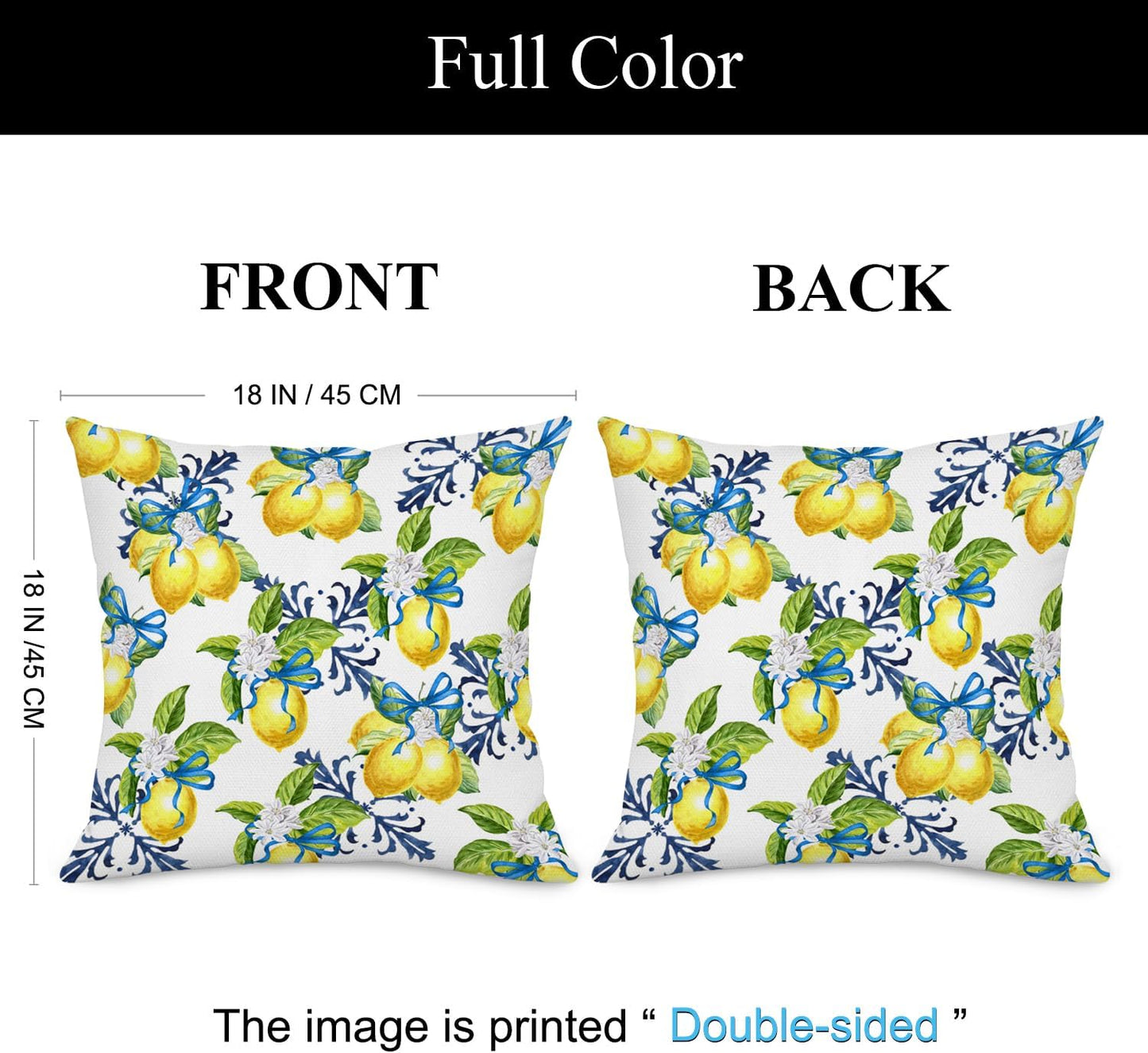 Yellow Lemon Pillow Covers, 18x18 Inch Decorative Throw Pillow Cases with Blue Bowknot, Farmhouse Summer Lemon Green Leaf Floral Cushion Cover for Outdoor Decor, Set of 2