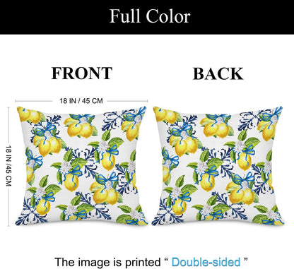 Yellow Lemon Pillow Covers, 18x18 Inch Decorative Throw Pillow Cases with Blue Bowknot, Farmhouse Summer Lemon Green Leaf Floral Cushion Cover for Outdoor Decor, Set of 2