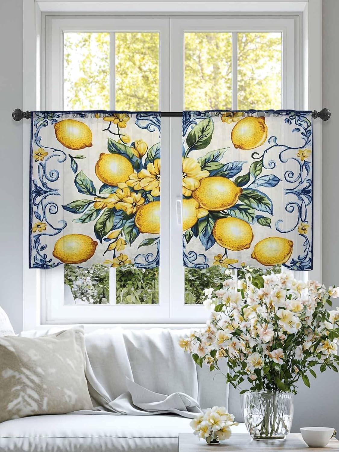 Yellow Lemon Semi Sheer Curtains 45 inch Length 2 Panels Set Middle Century Blue Italian Textured Kitchen Curtains Rod Pocket Sheer Drapes for Bedroom Living Room, Voile Window Treatment