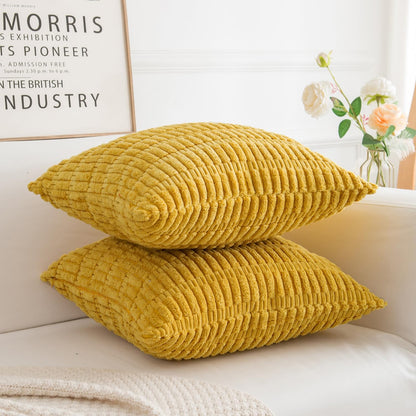 Corduroy Decorative Throw Pillow Covers, Boho Stripe Soft Square Cushion Case Home Decor for Living Room Couch Bed Sofa, Set of 2 Pack, Mustard Yellow, 26x26 Inch