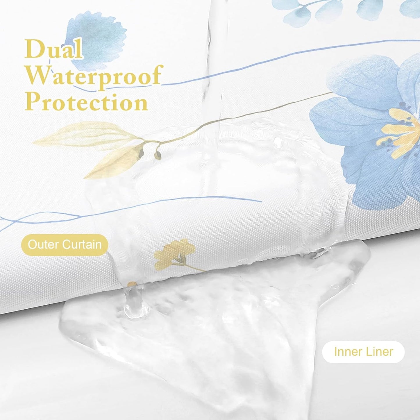 Gibelle Extra Long 3 in 1 Shower Curtain Set, Blue Yellow Watercolor Floral Bath Curtain and PEVA Liner Set with 12 Double Sided Steel Hooks, Waterproof Fabric Bathroom Curtain 72x84