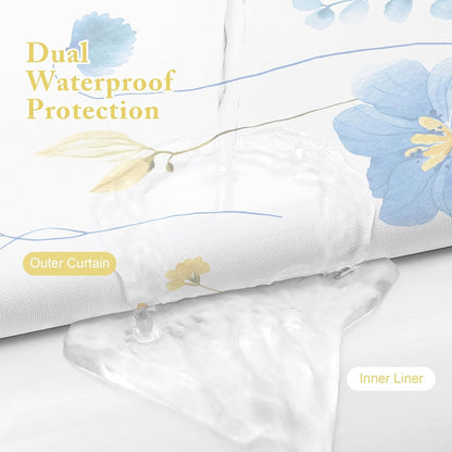 Gibelle Extra Long 3 in 1 Shower Curtain Set, Blue Yellow Watercolor Floral Bath Curtain and PEVA Liner Set with 12 Double Sided Steel Hooks, Waterproof Fabric Bathroom Curtain 72x84