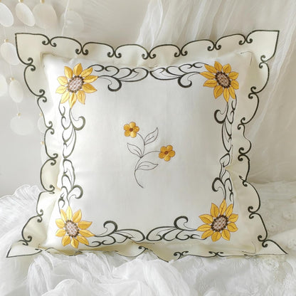 Sunflower Embroidery Throw Pillow Cover Yellow Floral Pillowcase Jacquard Ruffle Cushion Cover,French Shabby Vintage Design 18x18 Inch
