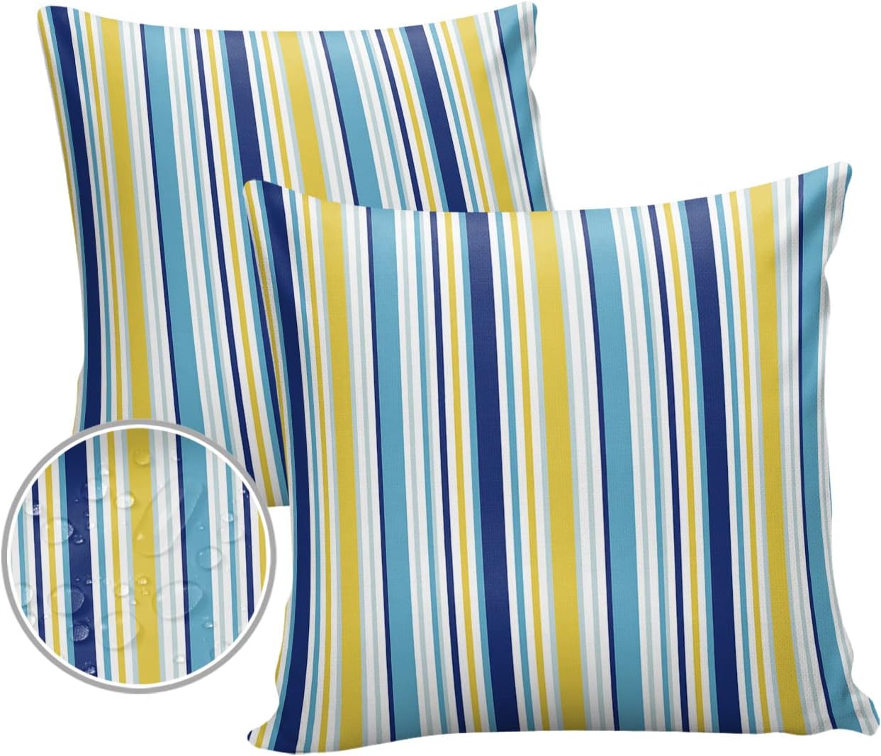 Blue Yellow Striped Outdoor Waterproof Pillow Covers, Farmhouse Navy Blue Ombre Stripes Decorative Square Throw Pillowcase Sofa Cushion Sham for Patio/Couch/Chair, 18"x18" 2 Pack