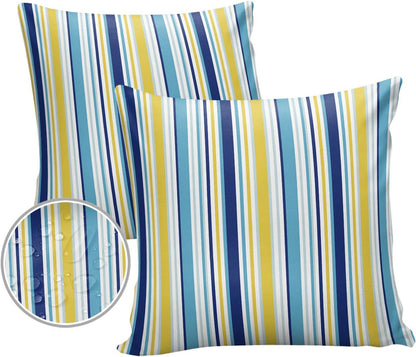 Blue Yellow Striped Outdoor Waterproof Pillow Covers, Farmhouse Navy Blue Ombre Stripes Decorative Square Throw Pillowcase Sofa Cushion Sham for Patio/Couch/Chair, 18"x18" 2 Pack