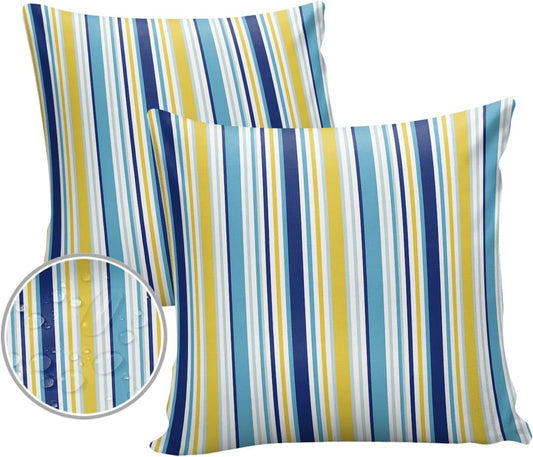 Blue Yellow Striped Outdoor Waterproof Pillow Covers, Farmhouse Navy Blue Ombre Stripes Decorative Square Throw Pillowcase Sofa Cushion Sham for Patio/Couch/Chair, 18"x18" 2 Pack