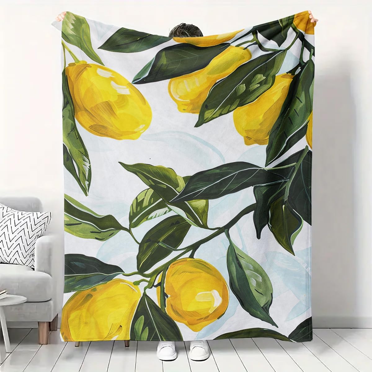 Lemon Throw Blanket, Yellow Fruits Green Leaves Pattern, Decorative Blankets Fuzzy Gifts for Sofa Couch Bedroom (40" x 30")