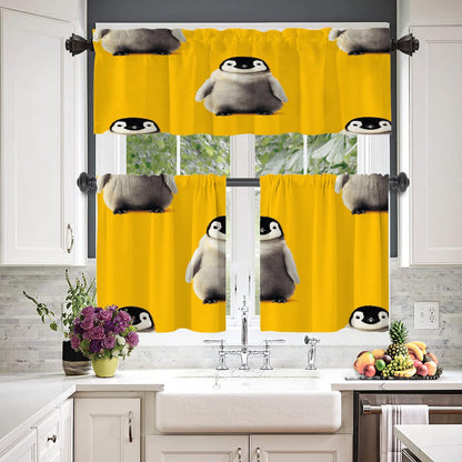 Cute Penguin Blackout Kitchen Curtain, Baby Penguins On Yellow Window Treatment Rod Pocket Light Filtering Bathroom Short Valance 1 Pack 52X18 Inches
