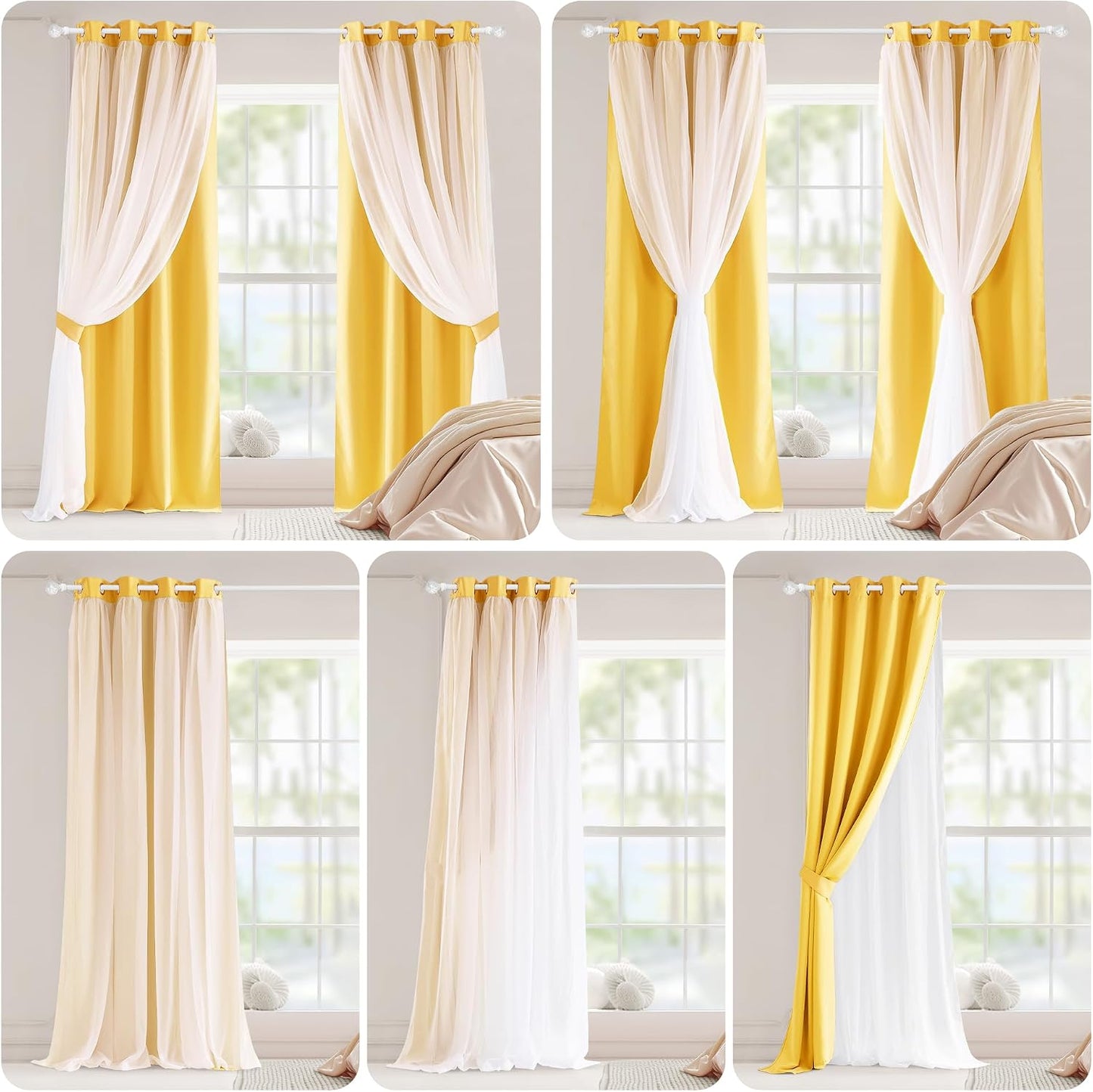 PONY DANCE Lemon Yellow Blakcout Curtains with White Sheer Overlay for Bedroom, Double Layer Grommet Drapes 84 Inches Long for Nursery/Living Room, 2 Panels Set with 4 Tiebacks, 52" W x 84" L