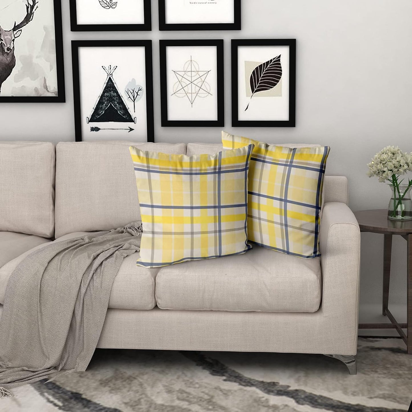 Yellow Navy Blue Pillow Covers 18x18 Set of 2 Light Yellow Grey Buffalo Plaid Decorative Throw Pillows Spring Summer Decorations Pillowcase Cotton Square Cushion Cover Decor for Home Couch Bed Soft