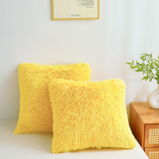Fluffy Throw Pillow Covers Yellow 18"x18" Faux Fur Furry Cushion Covers Shaggy Plush Fuzzy Pillow Cases Decorative Pillow Shams with Zipper Set of 2 for Sofa Living Room Bedroom Interior