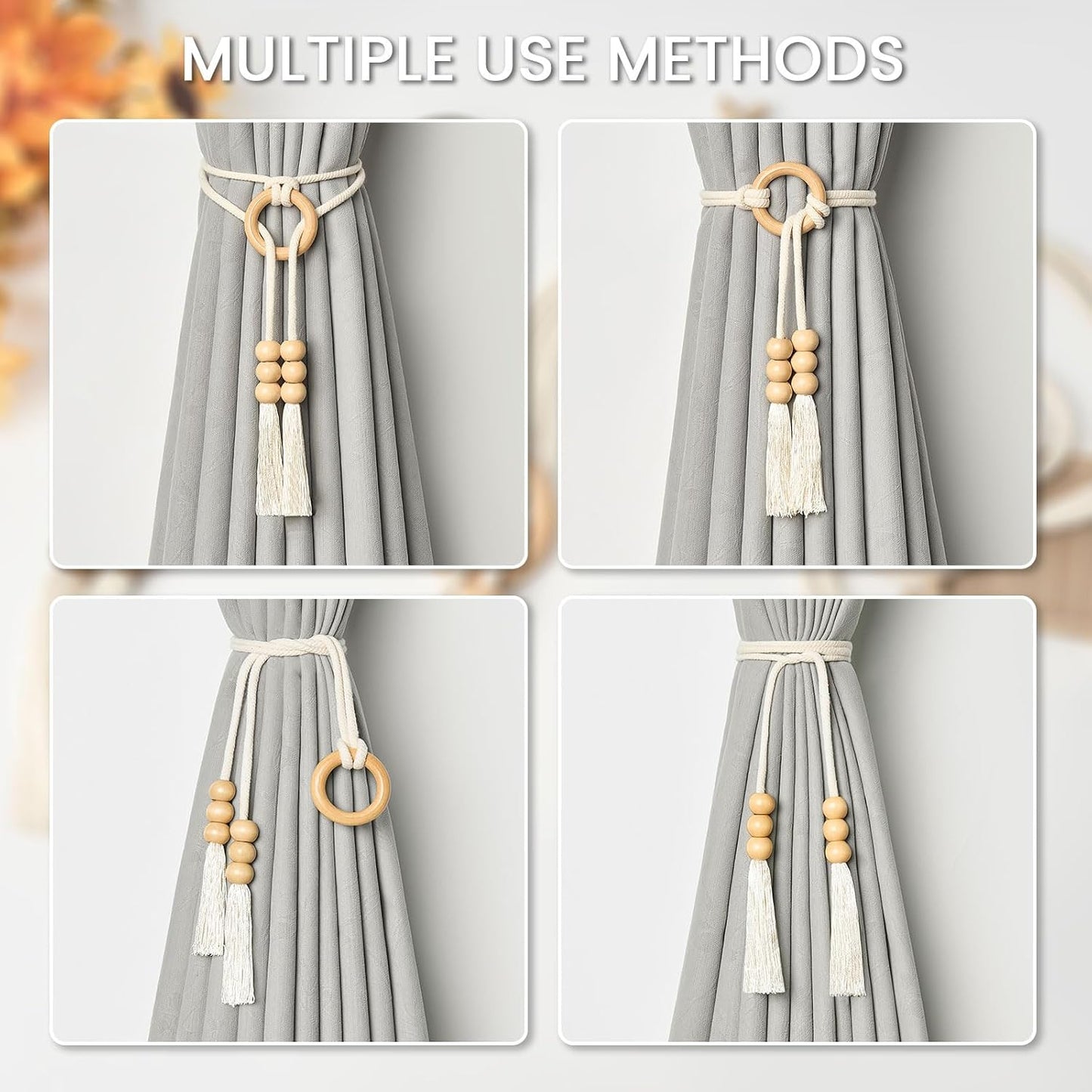 NICEEC 2 Pack Natural Cotton Rope Curtain Tiebacks Boho Style Decorative Drape Tie Backs Elegant Hand Woven Rope Curtain Holdbacks with Wooden Ring for Home & Office Window Drapery (T-Yellow)