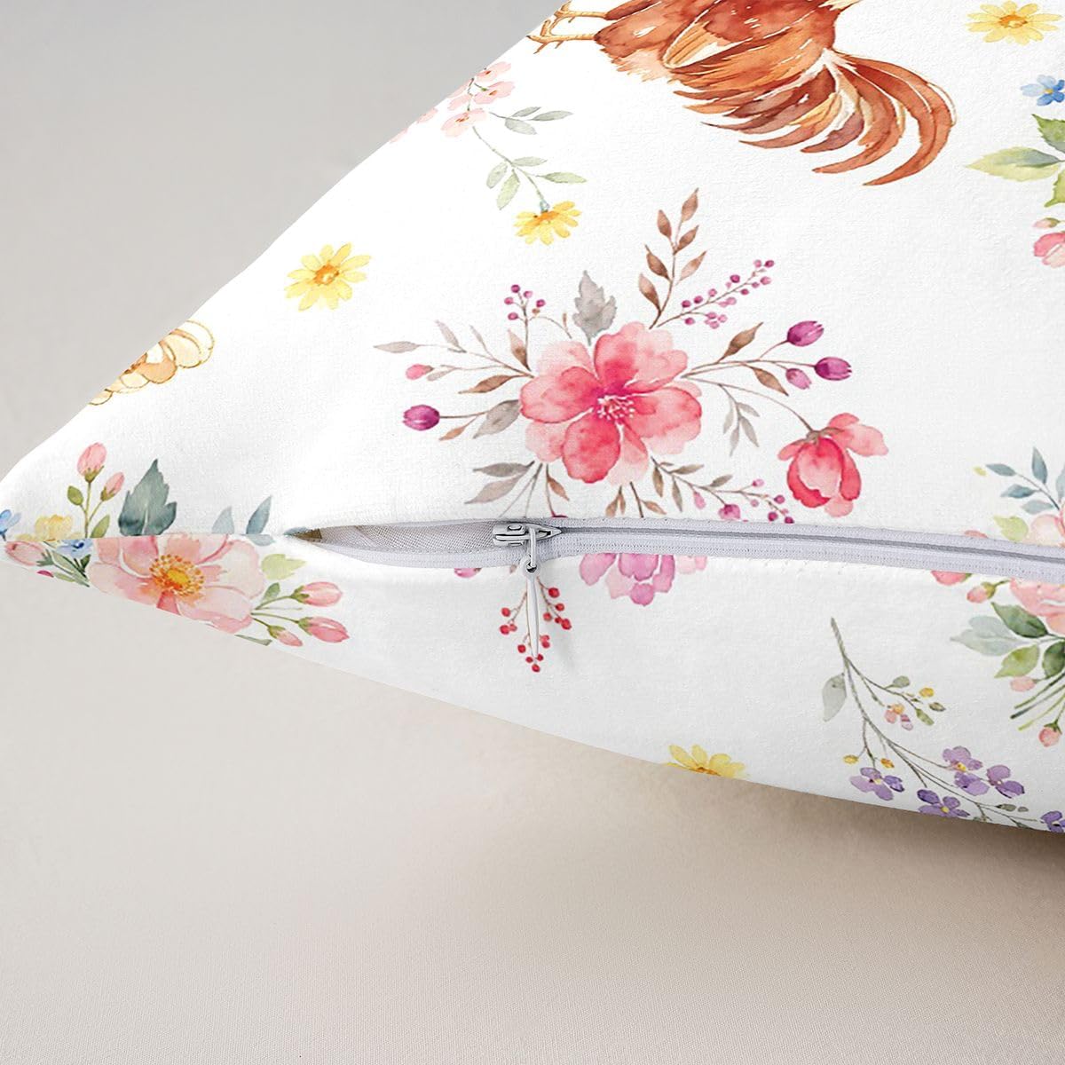 Manfei Chick Pattern Throw Pillow Cover Colorful Flowers Cushion Case Country-Style Pillow Cover for Living Room,Yellow Pinik Soft Pillowcases,22x22 Inches