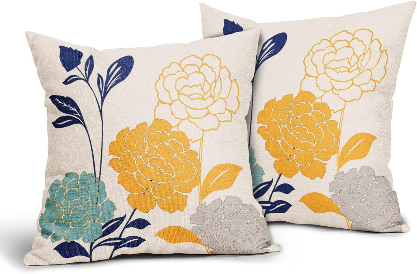 Flowers Outdoor Pillow Covers 18x18 Set of 2, Teal Grey Mustard Yellow Floral Decorative Throw Pillows Cover,Spring Summer Navy blue Leaf Linen Square Pillowcase Decor Gifts for Home Patio Couch Sofa