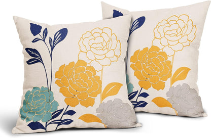 Flowers Outdoor Pillow Covers 18x18 Set of 2, Teal Grey Mustard Yellow Floral Decorative Throw Pillows Cover,Spring Summer Navy blue Leaf Linen Square Pillowcase Decor Gifts for Home Patio Couch Sofa