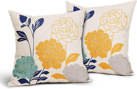 Flowers Outdoor Pillow Covers 18x18 Set of 2, Teal Grey Mustard Yellow Floral Decorative Throw Pillows Cover,Spring Summer Navy blue Leaf Linen Square Pillowcase Decor Gifts for Home Patio Couch Sofa