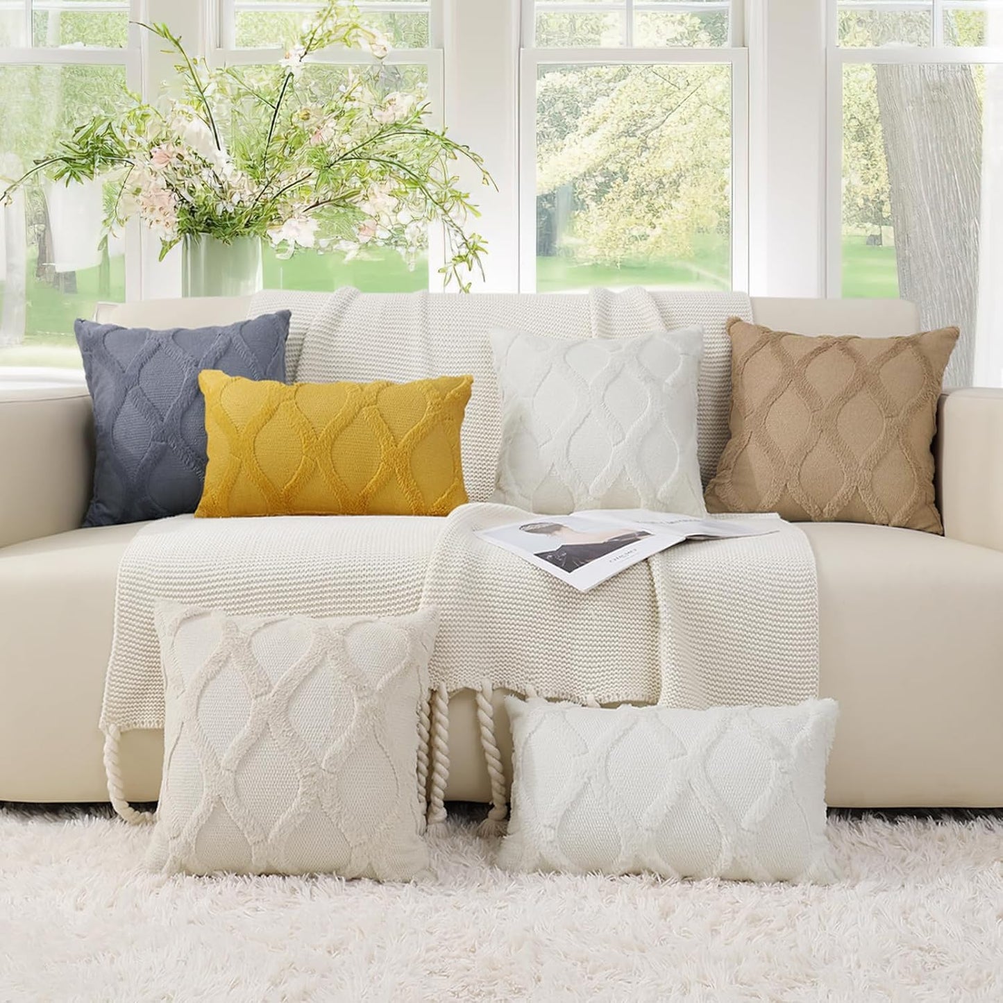 decorUhome Fall Throw Pillow Covers 12x20 Inch Set of 2, Soft Plush Faux Fur Wool Lumbar Mustard Yellow Accent Couch Pillow Covers for Modern Farmhouse Bed Sofa Living Room