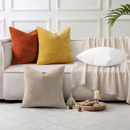 decorUhome Fall Chenille Mineral Yellow Throw Pillow Covers 18x18 Inch Set of 2, Decorative Soft Couch Pillow Covers Solid Dyed Accent Farmhouse Neutral Square Pillow Cases for Sofa