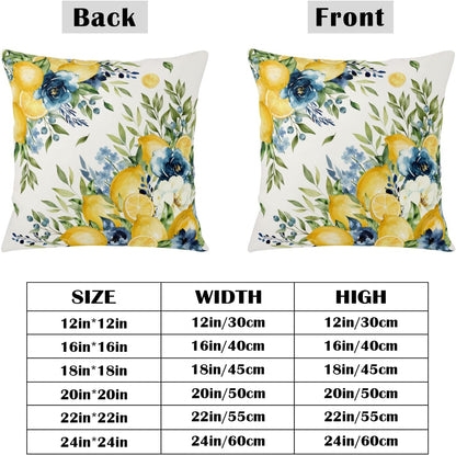 Summer Lemon Floral Pillow Covers 18x18 Set of 2 Yellow and Blue Lemons Fruit Flower Decorative Pillow Cases Spring Farmhouse Cushion Cover for Outdoor Sofa Couch Home Decor