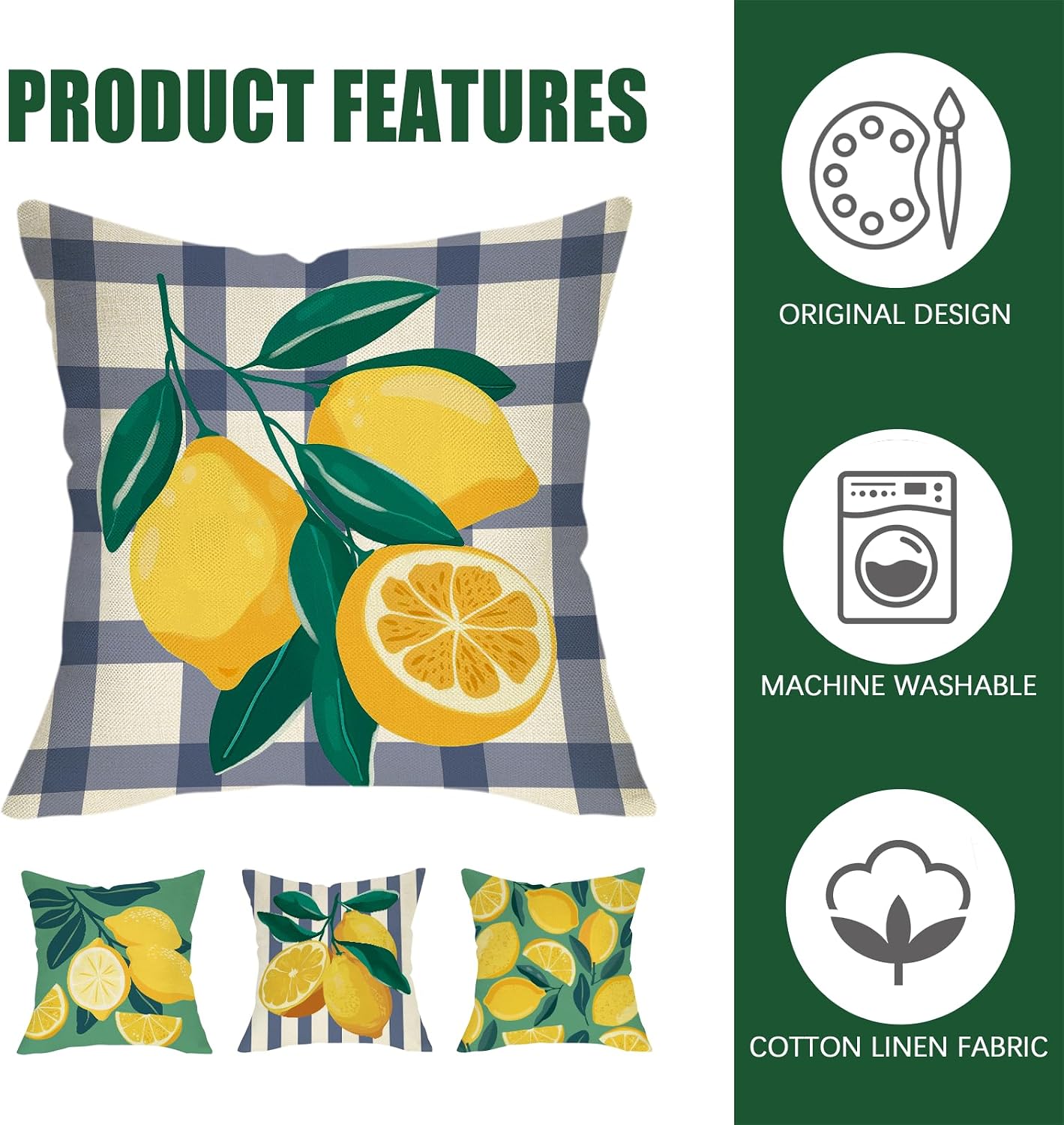 Fahrendom Lemon Decorative Throw Pillow Covers 18 x 18 Set of 4, Yellow Green Citrus Fruit Porch Patio Outdoor Pillowcase, Summer Buffalo Plaid Stripes Farmhouse Sofa Couch Cushion Case Home Decor