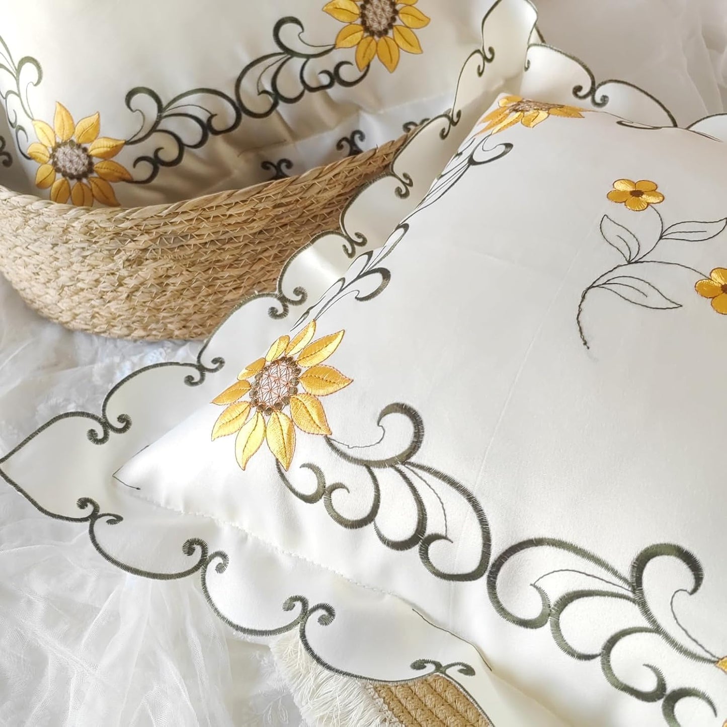 Sunflower Embroidery Throw Pillow Cover Yellow Floral Pillowcase Jacquard Ruffle Cushion Cover,French Shabby Vintage Design 18x18 Inch