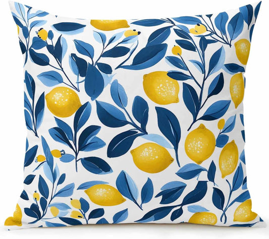 1 Pack Outdoor Throw Pillow, Lemon Waterproof Pillow with Insert Included, Summer Fruit Spring Leaf Watercolor Pastoral Decorative Accent Cushion Sofa Pillows for Patio Porch, 18 x 18 in
