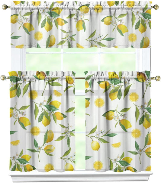 Lemon Curtains, Farmhouse Kitchen Sink Window Valance 3 Piece Set, Living Room Decor 54x36 Inches