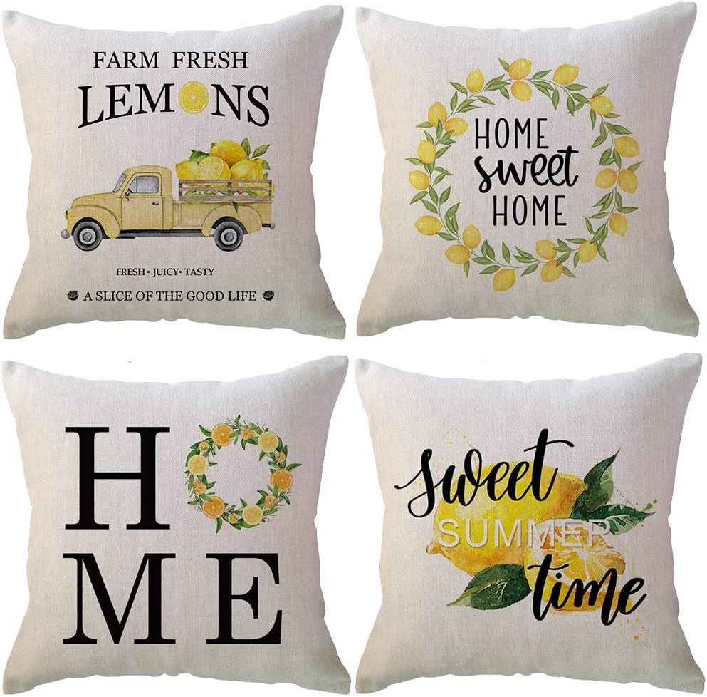 ULOVE LOVE YOURSELF Farm Fresh Lemons Throw Pillow Case Summer Farmhouse Decor Pillow Case Lemon Wreath/Lemon Truck/Lemon Yellow Decorative Cushion Cover 18 x 18 Inch,Set of 4
