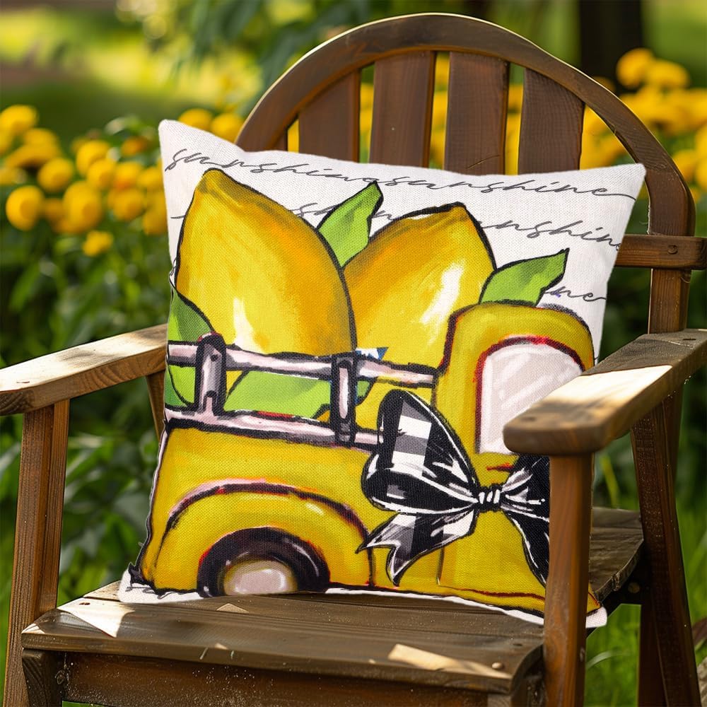 DIYDEC 4PCS Summer Pillow Covers 18x18 inch Hello Summer Throw Pillow Covers Yellow Lemon Truck Pillow Cases Sweet Home Decor Cushion for Holiday Farmhouse Home Sofa Couch