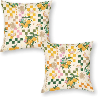 Tropical Summer Fruit Pillow Cover Set of 2 Lemon Orange Flower Palm Tree Hand Painted Home Decor for Living Room Couch Sofa Bed Aesthetic Design Linen Cushion Pillowcase 16"x16"