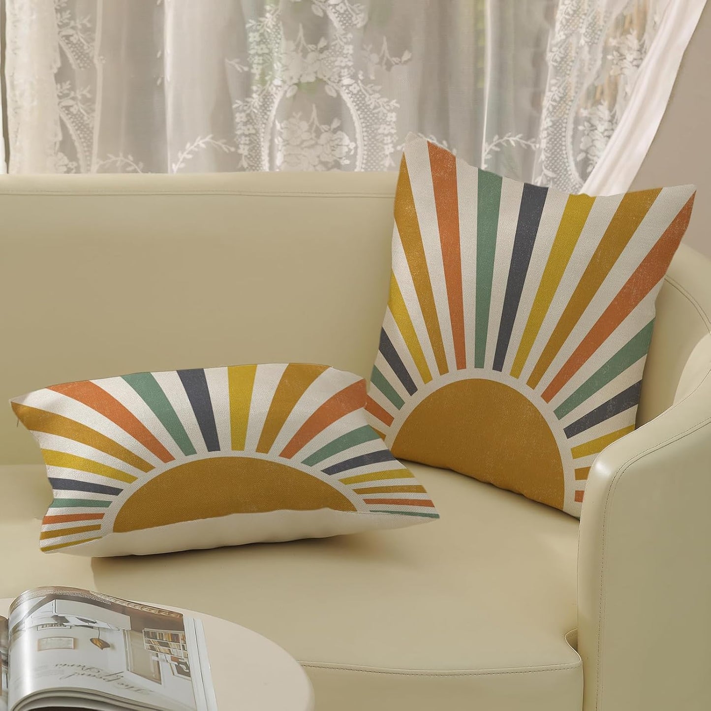 Summer Pillow Covers 24x24 Inch 2 Pcs Boho Mustard Yellow Sunshine Outdoor Decor Throw Pillows Stripes Rainbow Sun Farmhouse Holiday Decoration Pillowcase Linen Cushion Cover for Couch Sofa Bed