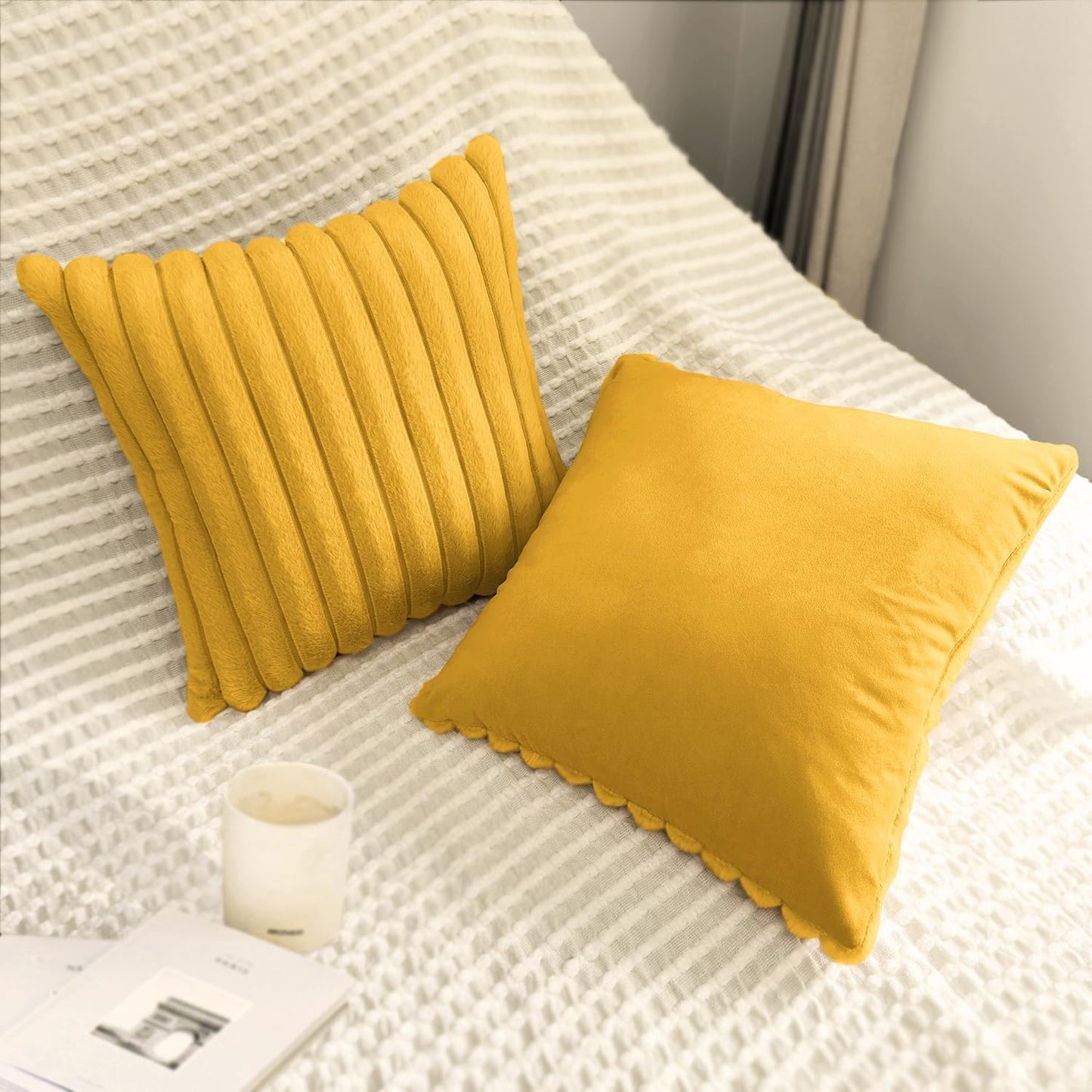 2 Pack 18x18 Pillow Cover Velvet Pillow Covers, Faux Fur Square Throw Pillow Covers for Living Room Decorations Throw Pillow Case, Throw Pillow Cover Cushion Cover for Sofa Bedroom Car, Mustard Yellow