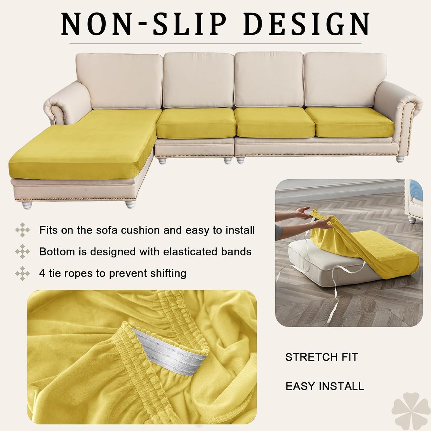 Sofa Seat Cushion Covers Set, Sofa Cushion Slipcovers Stretch Velvet, Couch Cushion Cover Replacement for Individual Cushion with Elastic Fabric (Lemon Yellow,Large 3 Seater)