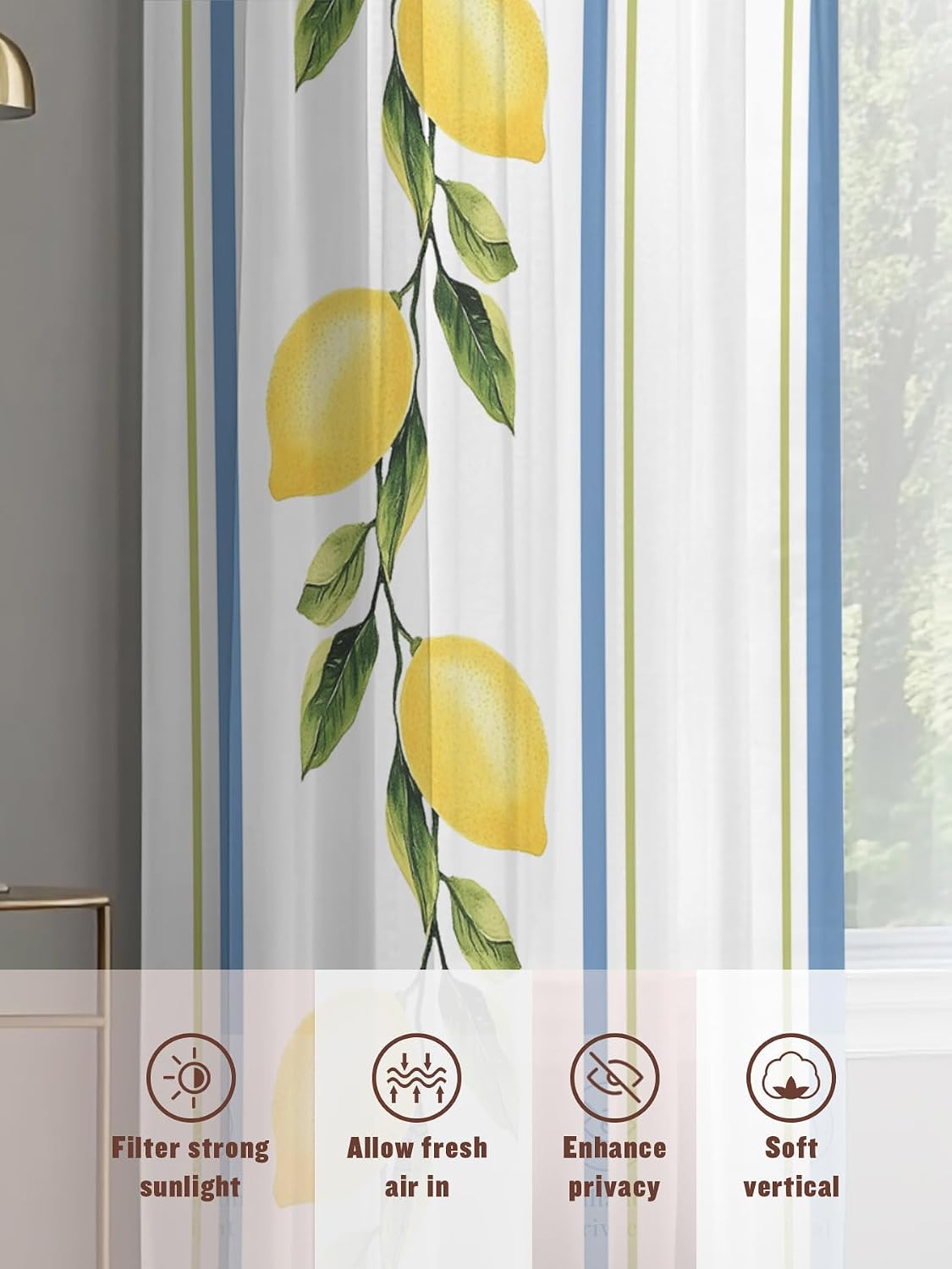 Lemon Striped Sheer Curtains 72 Inch Length 2 Panels, Yellow Fruit Blue White Geometric Light Filtering Voile Drapes for Living Room Bedroom Window Treatments, Rod Pocket Privacy Semi Sheer Curtains