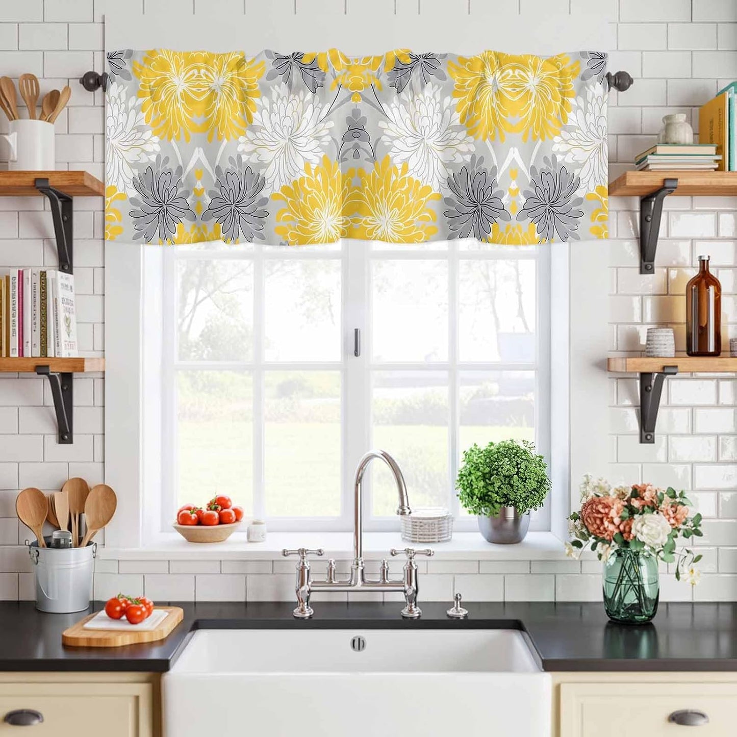 Savannan Window Valance Curtain, Abstract Flowers on Gray Rod Pocket Short Curtain Valances for Kitchen Bedroom Living Room Cafe 1 Panel 42x18in Watercolor Yellow White Flowers