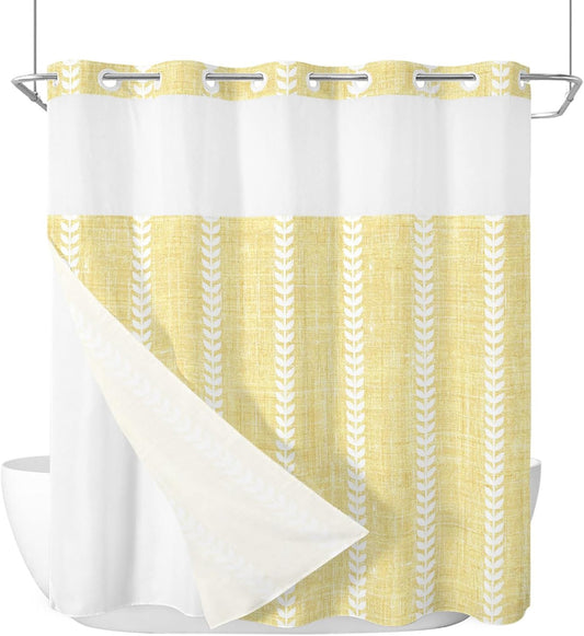 Light Yellow Linen Shower Curtains Set Modern Farmhouse Vertical Lines No Hook Shower Curtains with Snap in Liner 72" x 78" Waterproof Fabric See Through Top Sheer Window for Bathroom Shower Room