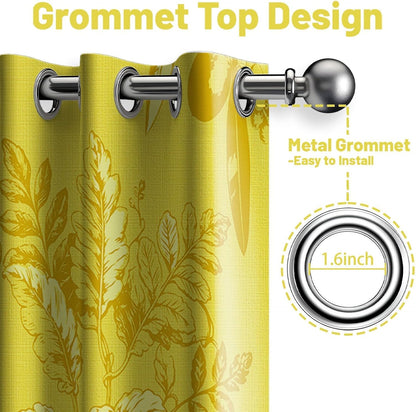 Mustard Yellow Vintage Botanical Blackout Curtains Patterned Yellow Floral Window Drapes for Bedroom Living Room, 84 inch Length 2 Panels Set, 52x84 inch