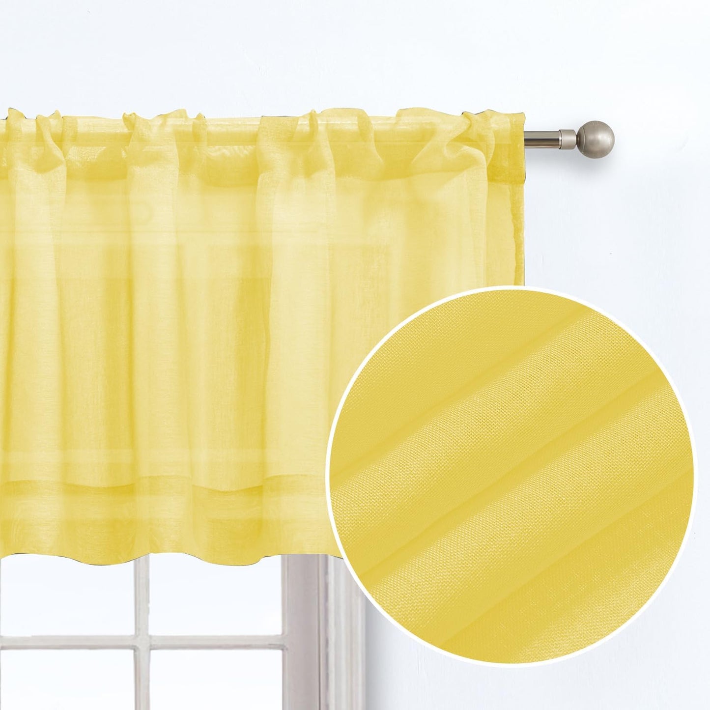 July Joy Yellow ValanceTextured Sheer Curtains for Kitchen，Light Filtering Window Drapes Semi Sheer Rod Pocket Small Curtains for Bathroom Farmhouse W 52 x L 18 inch, 2 Panels