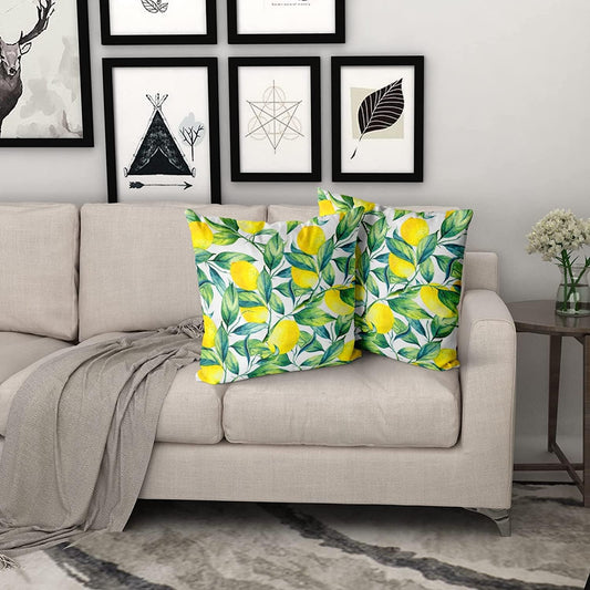 Yellow Lemon Throw Pillow Covers - 18 x 18 Inch Watercolor Lemon with Green Leaves Pattern Pillow Case Set of 2 Decorative Square Cushion Cover for Sofa Couch Car Bedroom Home Decor