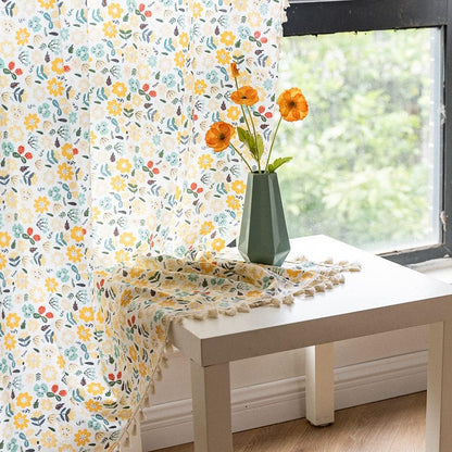Floral Curtains 63 Inch Length 2 Panels Tassel Boho Semi-Sheer Drapes Bedroom Living Room Farmhouse Short Rustic Country Yellow Green Flower Rod Pocket Cotton Linen Blend Window Curtain Panel