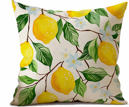 Yellow Lemon and Flower Linen Throw Pillow Covers 16x16 Inches Refreshing Visual Decorative Cushion Lovers of Fresh Designs, Living Room and Bedroom